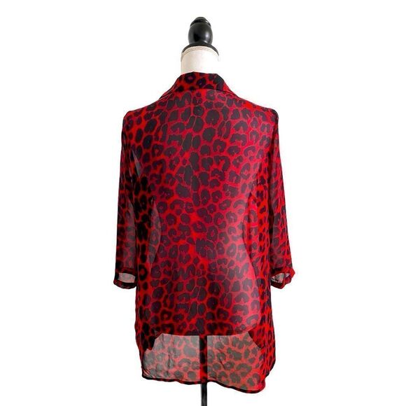 Avon Signature Leopard Print Semi Sheer Button Down Blouse Red & Black Sz Small - Picture 2 of 4
